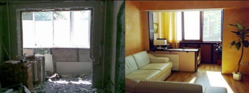 Фото до и после объединения комнаты с балконом и лоджией